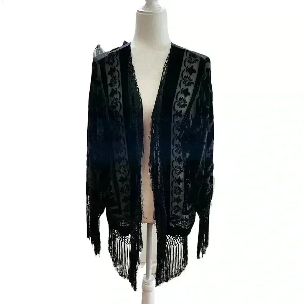Velvet Kimono Fringe Shawl Floral Silk Cardigan